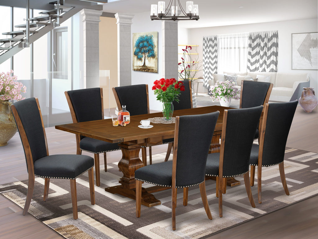 LAVE9-E9-IG Chic 9-Piece Kitchen Set - Rectangular Extendable Dining Table with 8 Upholstered Chairs, Elegant Black Linen Fabric, Walnut Finish