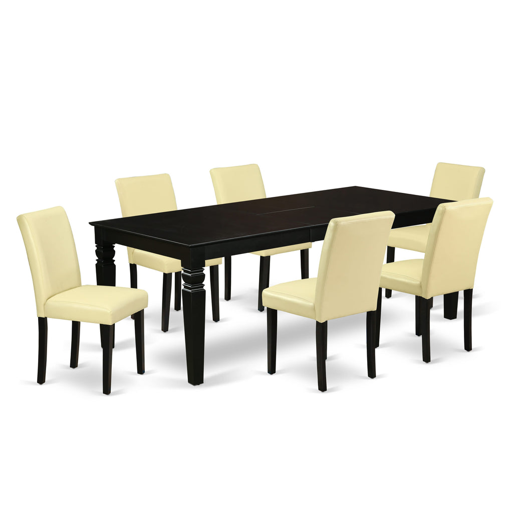 Elegant Dining Ensemble LGAB7-EEY-A6 Sleek Rectangular Table w/ Butterfly Insert and 6 Beige Faux Leather Seats, 42x84