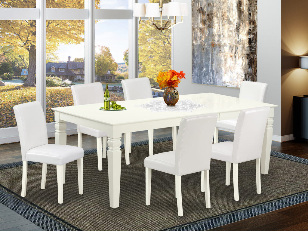 LGAB7-LHD-94 7-Piece Dining Set with Rectangular Table and Butterfly Extension, Includes 6 Faux Leather Chairs, 42x84 Linen White