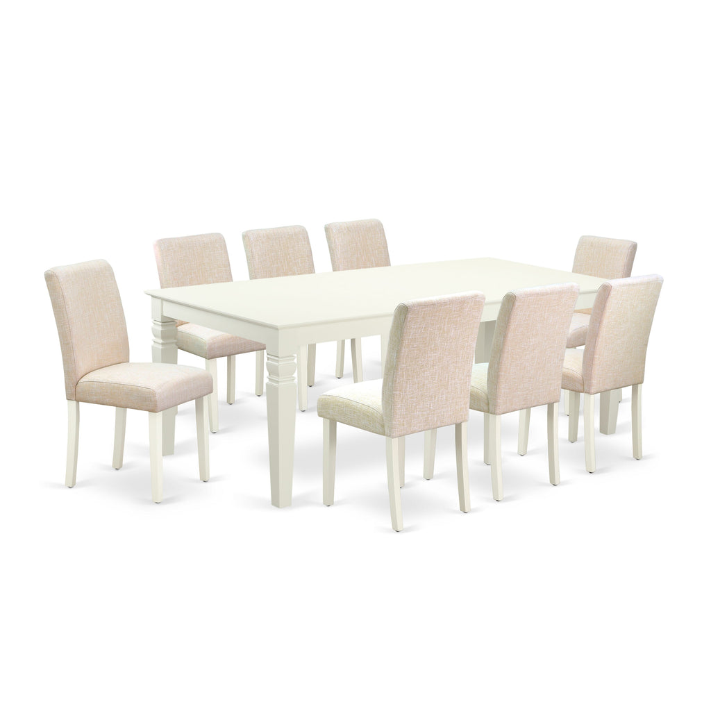 LGAB9-J09-ES - 9 Piece Dining Collection with Rectangular Table and 8 Beige Upholstered Chairs, 42x84 Inch, White Finish