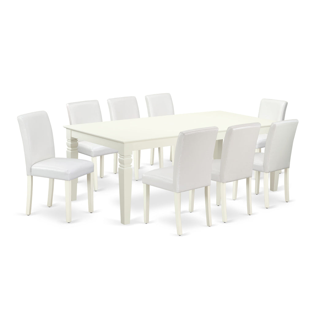 LGAB9-MZJ-0K 9-Piece Linen White Dining Set with Butterfly Leaf Table and 8 Faux Leather Seats