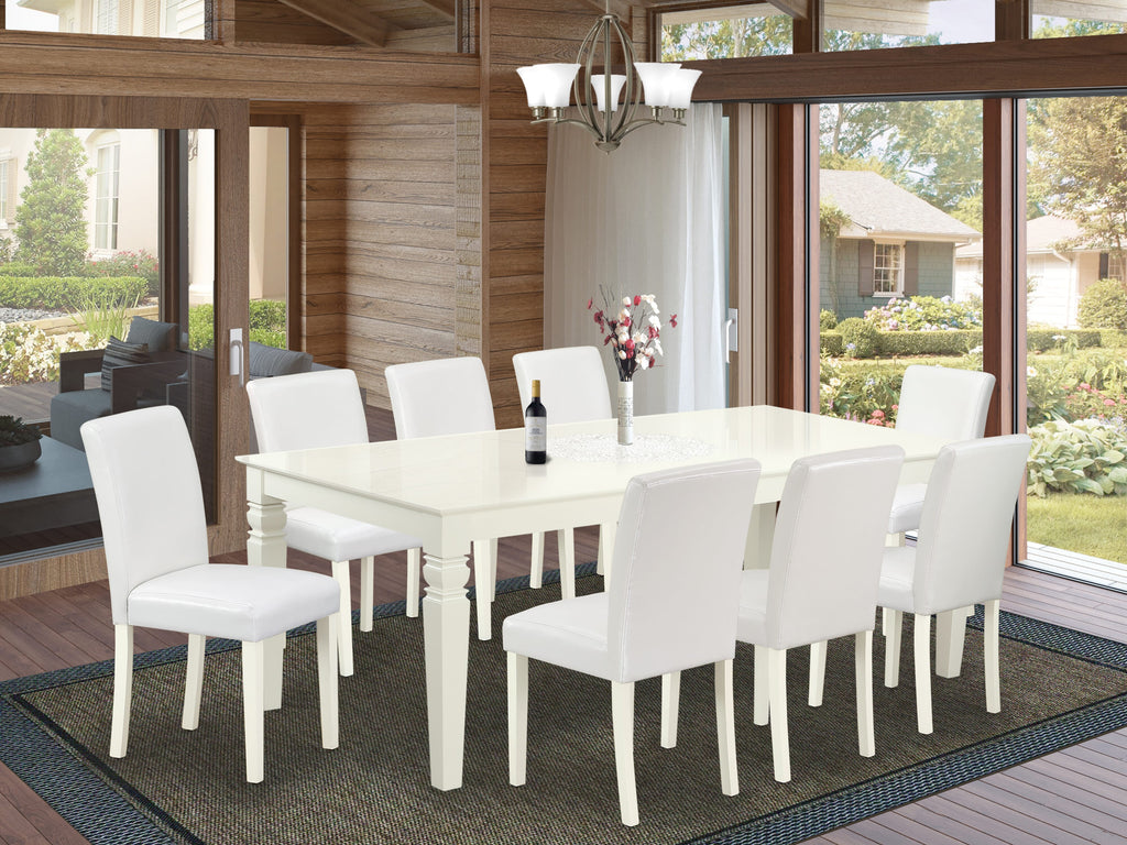 LGAB9-MZJ-0K 9-Piece Linen White Dining Set with Butterfly Leaf Table and 8 Faux Leather Seats