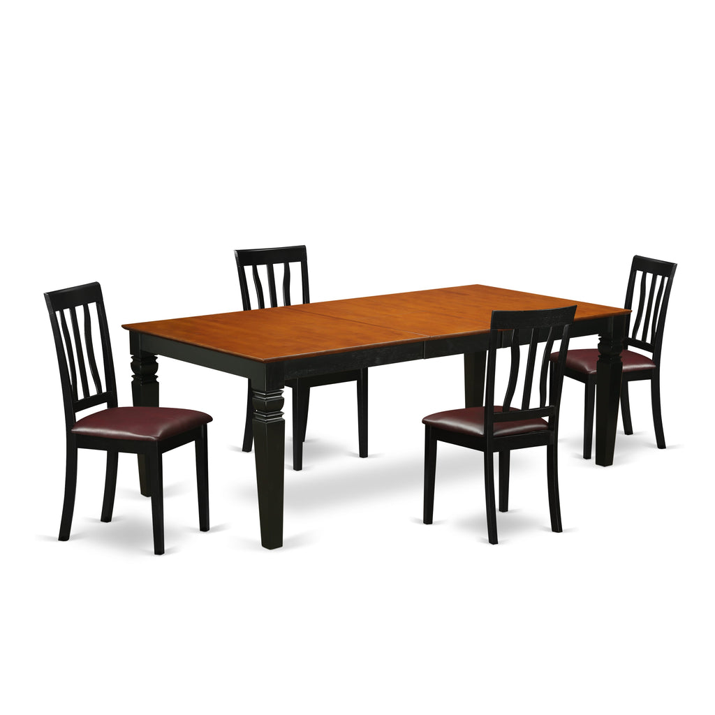 LGAN5-UQ0-A9 Elegant 5-Piece Dining Ensemble with Butterfly Leaf Table and Upholstered Seating, 42x84, Black & Cherry