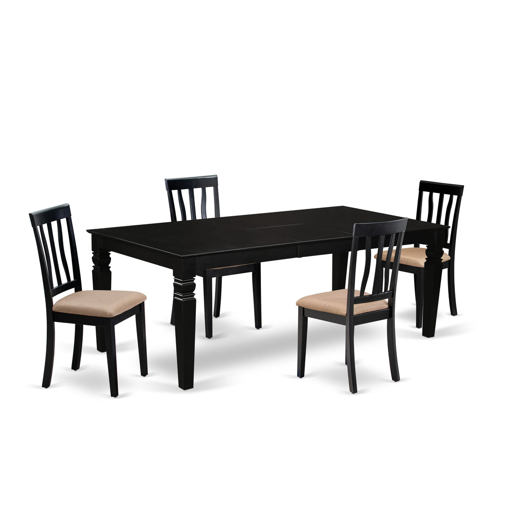 LGAN5-X8Z-8 Elegant 5 Piece Dining Ensemble with Expanding Table and Comfy Chairs for Four, Sleek Satin Black Finish, 42x84