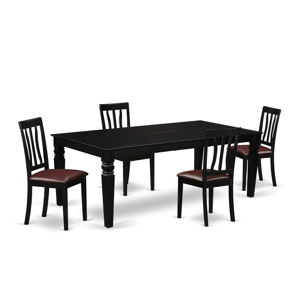 LGAN5-2V9-1X 5-Piece Kitchen Set with Expanding Table and Leather Chairs Ensemble in Elegant Black