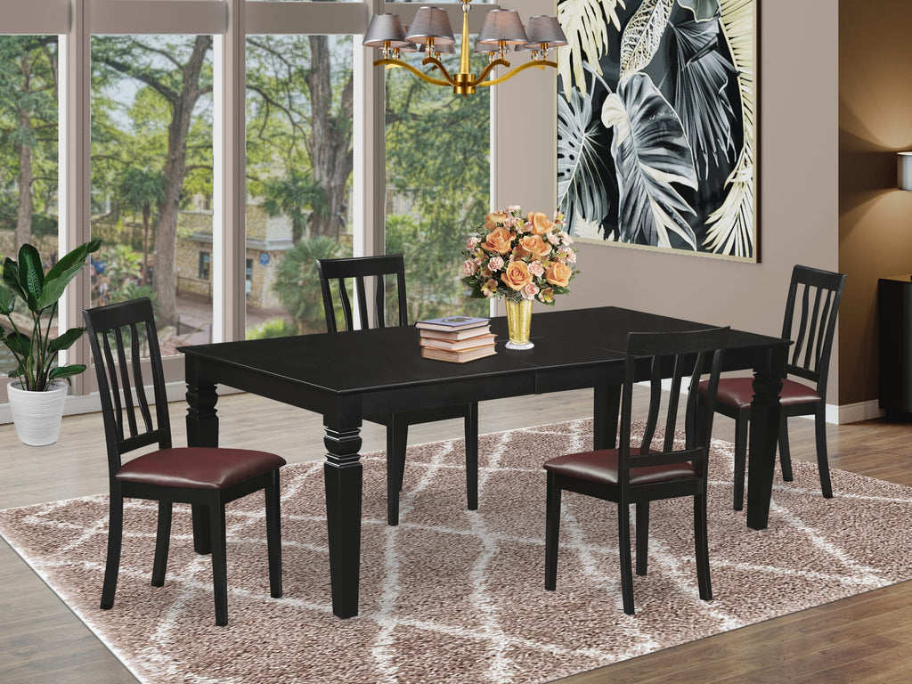 LGAN5-2V9-1X 5-Piece Kitchen Set with Expanding Table and Leather Chairs Ensemble in Elegant Black