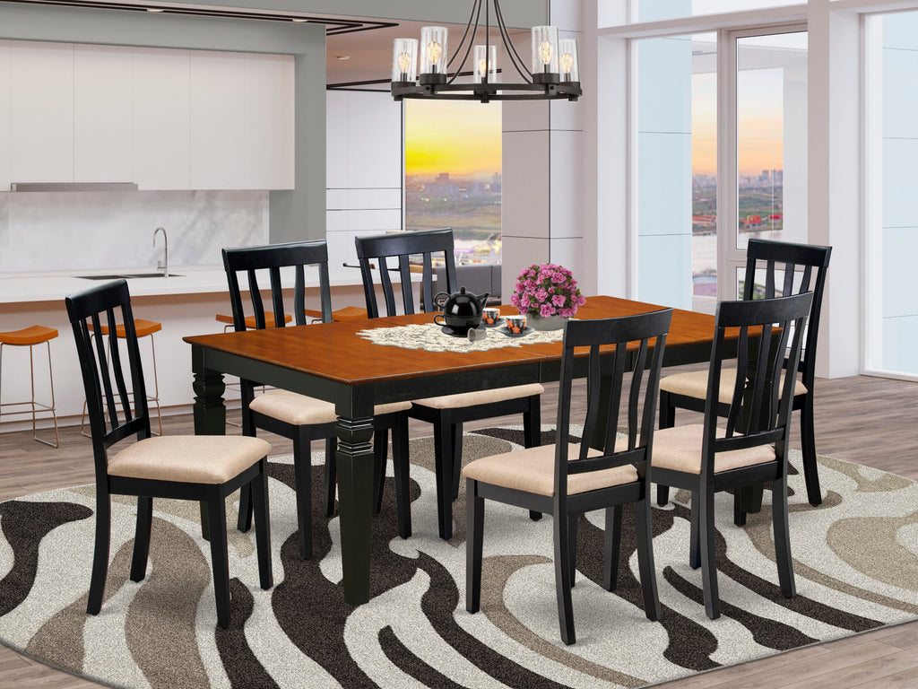 Stylish LGAN7-3VU-E 7-Piece Dining Ensemble with Extendable Rectangle Table & Linen Chairs, Black & Cherry