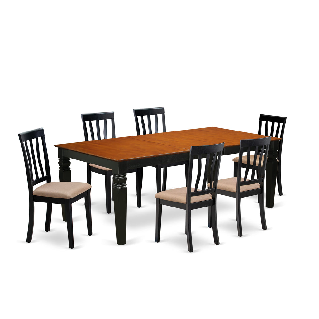 Stylish LGAN7-3VU-E 7-Piece Dining Ensemble with Extendable Rectangle Table & Linen Chairs, Black & Cherry