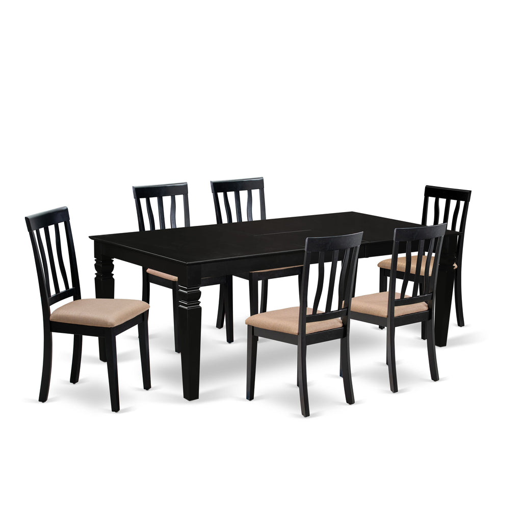 LGAN7-X43-1 Elegantly Crafted 7-Piece Dining Ensemble with Luxe Black Table and Silky Linen Chairs