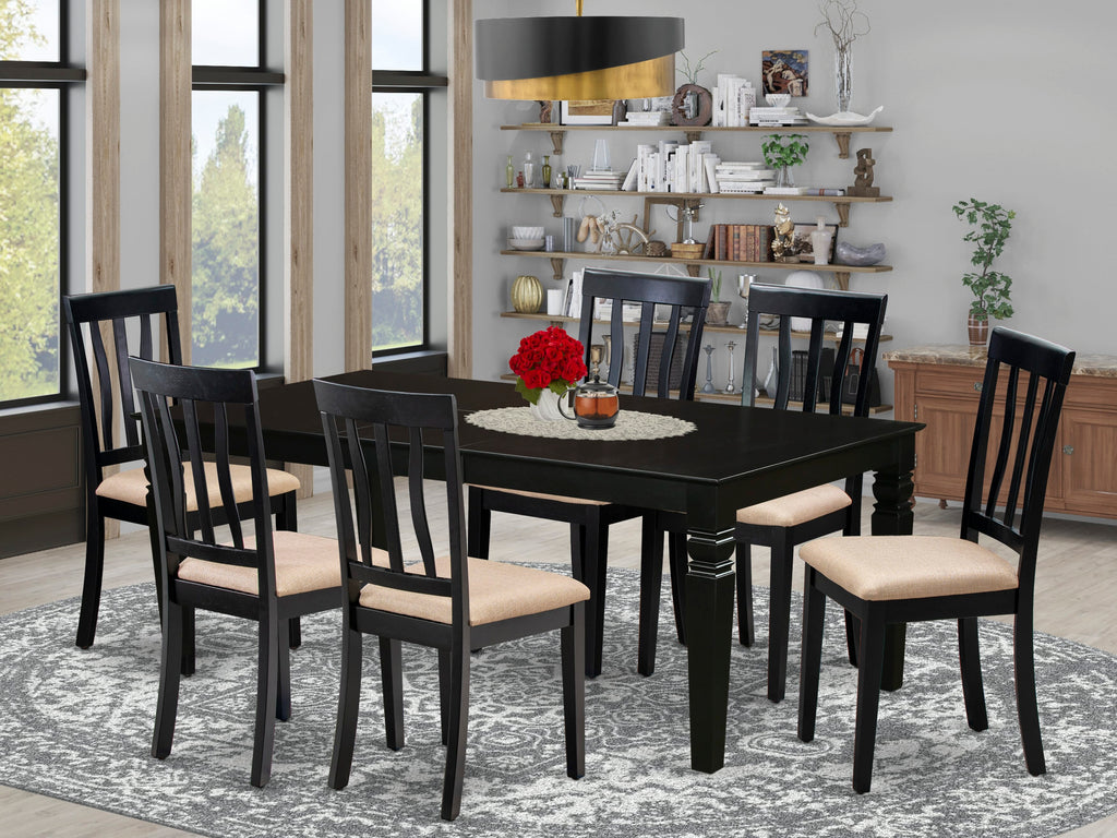 LGAN7-X43-1 Elegantly Crafted 7-Piece Dining Ensemble with Luxe Black Table and Silky Linen Chairs