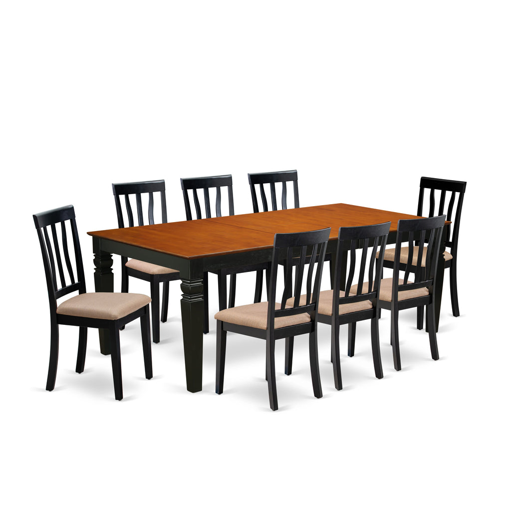 LGAN9-LHT-9 9 Pc Dining Ensemble with Expandable Rectangular Table & 8 Linen Chairs, Black & Cherry Finish, 42x84