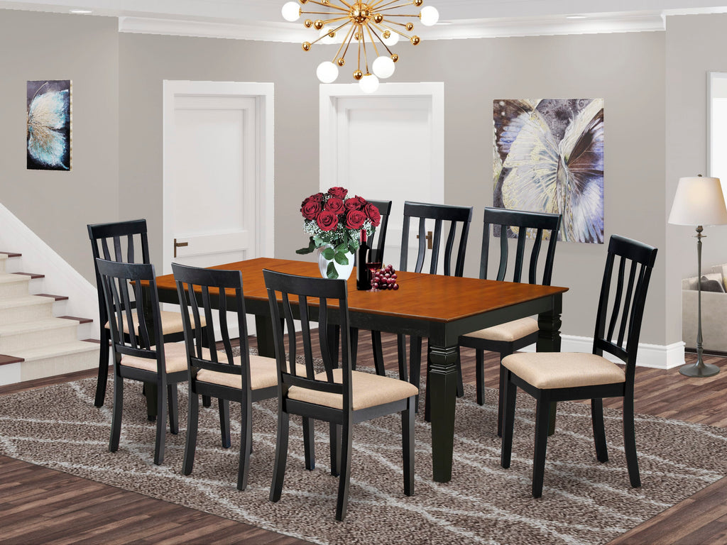 LGAN9-LHT-9 9 Pc Dining Ensemble with Expandable Rectangular Table & 8 Linen Chairs, Black & Cherry Finish, 42x84