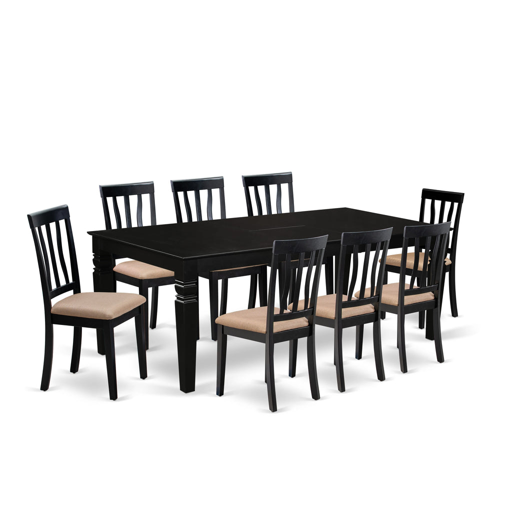 LGAN9-A95-F Deluxe 9-Piece Dining Ensemble Expansive Black Table with Leaf & 8 Elegant Linen Chairs