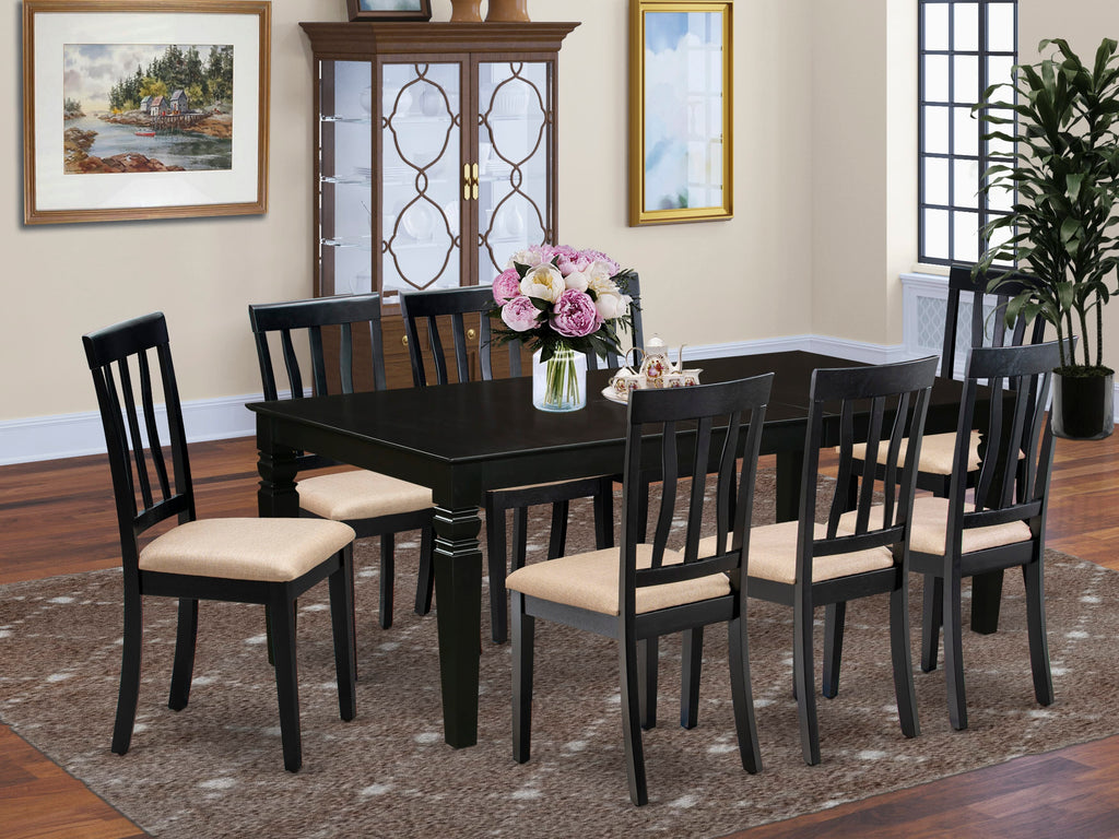 LGAN9-A95-F Deluxe 9-Piece Dining Ensemble Expansive Black Table with Leaf & 8 Elegant Linen Chairs