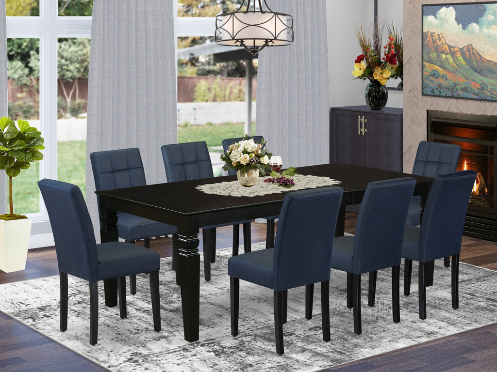 Step into Elegance with Dining Set LGAS9-8LZ-40 Table and 8 Navy Blue Faux Leather Parsons Chairs with Black Finish