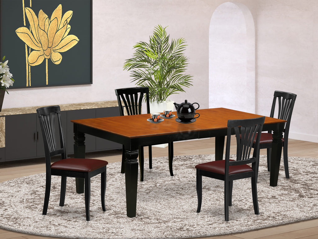 LGAV5-1DZ-V7 5-Piece Dining Set Rectangular Table with Leaf and 4 Upholstered Chairs in Cherry and Black Finish, 42x84 Inch