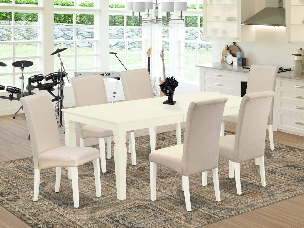 LGBA7-IOH-LH 7 Piece Set Rectangular Dining Table with Butterfly Extension and 6 Cream Linen Seats, 42x84 Inch, Light Linen Finish