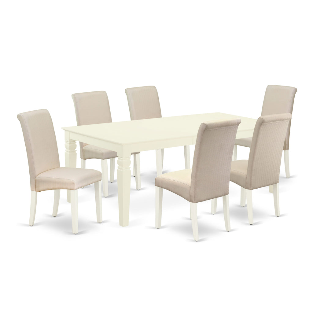 LGBA7-IOH-LH 7 Piece Set Rectangular Dining Table with Butterfly Extension and 6 Cream Linen Seats, 42x84 Inch, Light Linen Finish