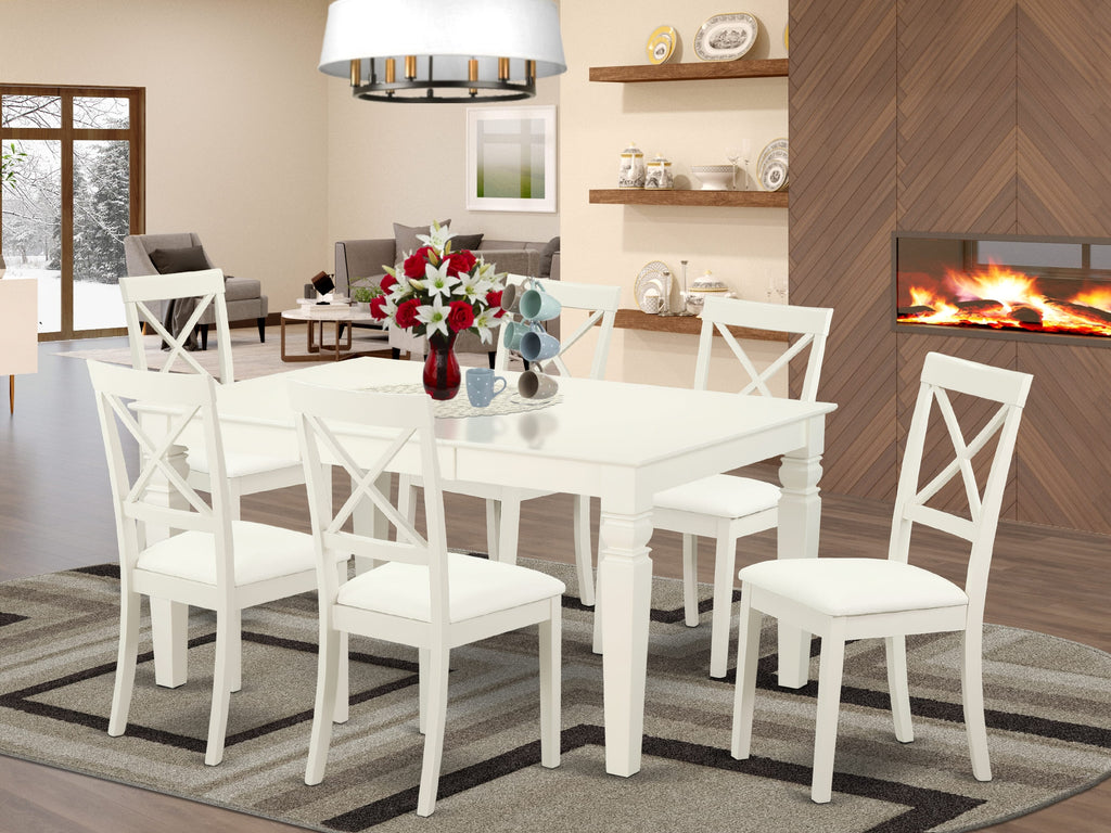 Stylish LGBO7-0SR-JQ 7-Piece Rectangle Table Ensemble with Butterfly Leaf and 6 Cushioned Chairs, 42x84 Inch