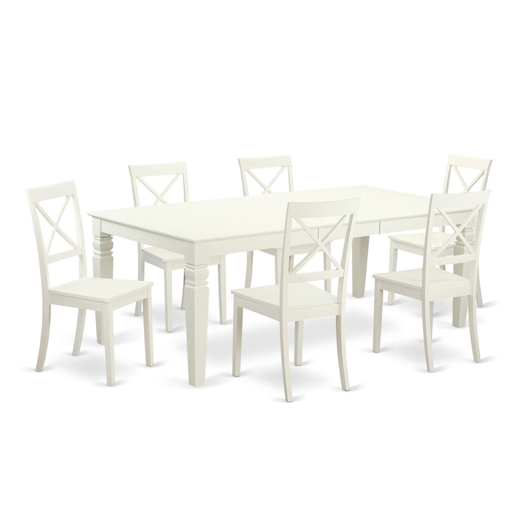 LGBO7-9KZ-7 Rectangle Dining Table Set with Butterfly Leaf and Six Chairs in Linen White Finish, 42x84 Inch
