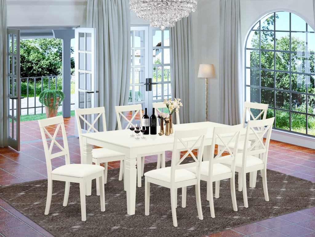 LGBO9-JFF-VS Elegant 9-Piece Dining Ensemble Featuring Expanding Table & 8 Chairs in Faux Leather, White Linen Finish
