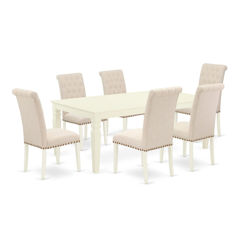 LGBR7-19E-7V Elegant 7-Piece Dining Collection with Spacious Table & 6 Beige Parson Chairs, White Finish