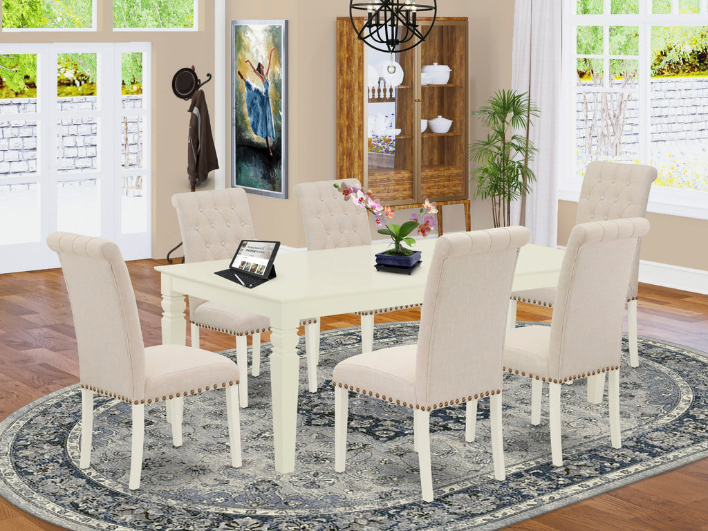 LGBR7-19E-7V Elegant 7-Piece Dining Collection with Spacious Table & 6 Beige Parson Chairs, White Finish