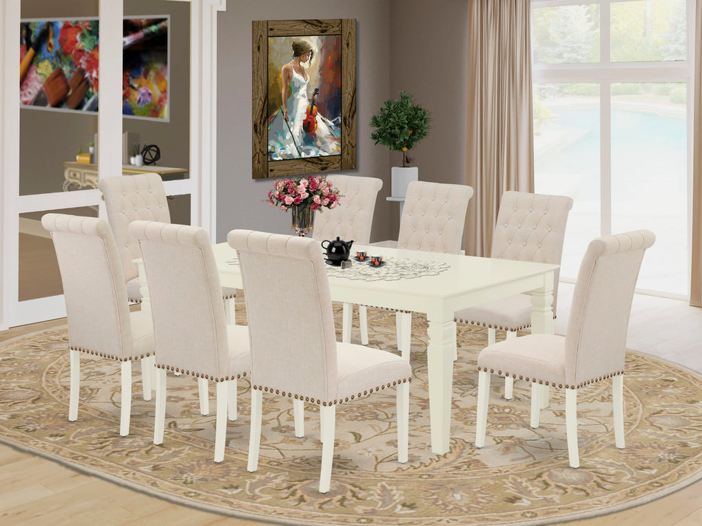 Stylish LGBR9-Z4Y-JW 9-Piece Dining Ensemble with Rectangular Butterfly Table and 8 Beige Upholstered Seats