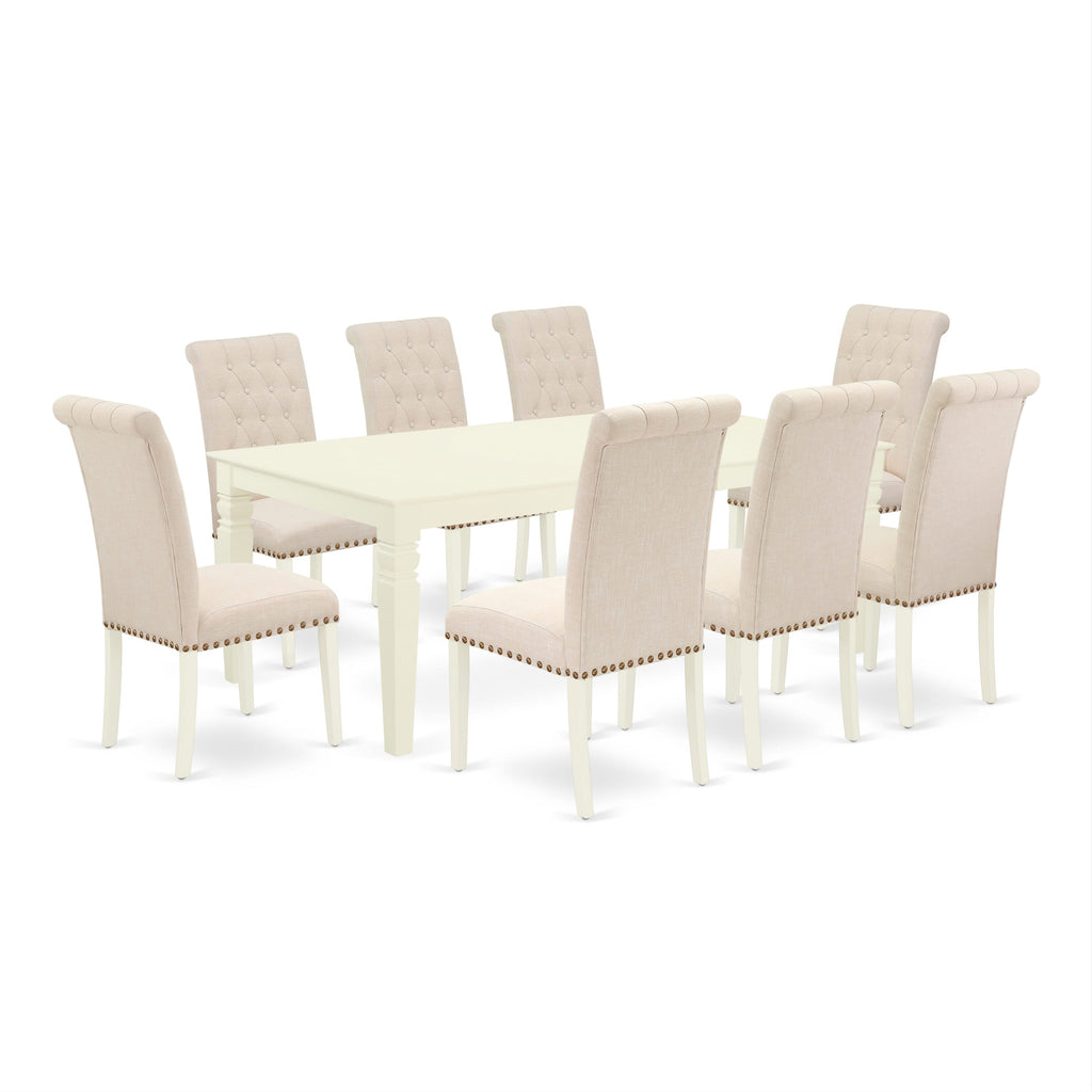 Stylish LGBR9-Z4Y-JW 9-Piece Dining Ensemble with Rectangular Butterfly Table and 8 Beige Upholstered Seats