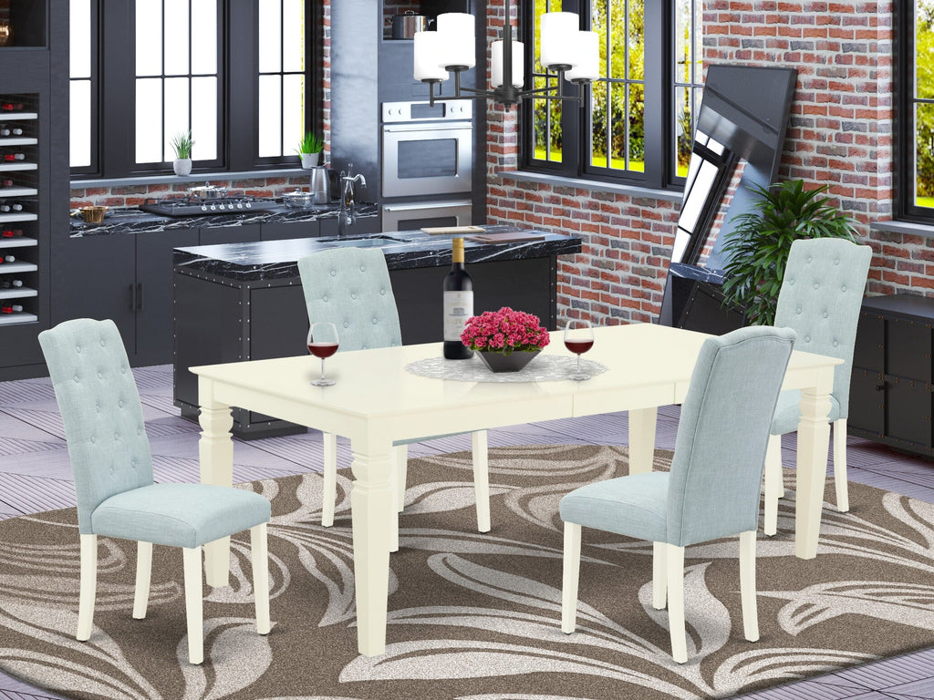 LGCE5-S2M-6I Elegant Dining Ensemble for 4 with Rectangular Leaf Table & Baby Blue Chairs, 42x84 Inch, White Finish