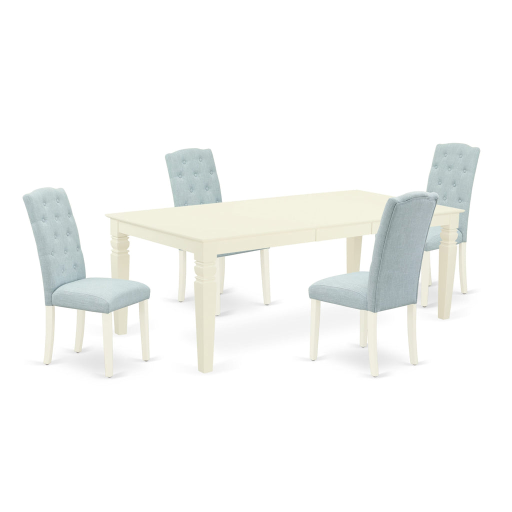 LGCE5-S2M-6I Elegant Dining Ensemble for 4 with Rectangular Leaf Table & Baby Blue Chairs, 42x84 Inch, White Finish