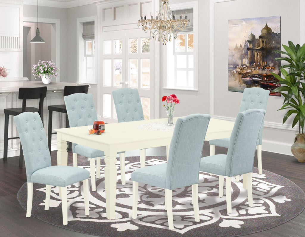LGCE7-DOQ-6G Deluxe 7-Piece Dining Ensemble with Butterfly Leaf and Baby Blue Chairs, 42x84 Inch