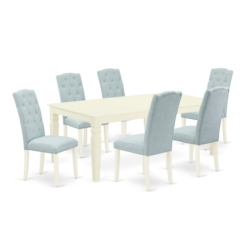 LGCE7-DOQ-6G Deluxe 7-Piece Dining Ensemble with Butterfly Leaf and Baby Blue Chairs, 42x84 Inch