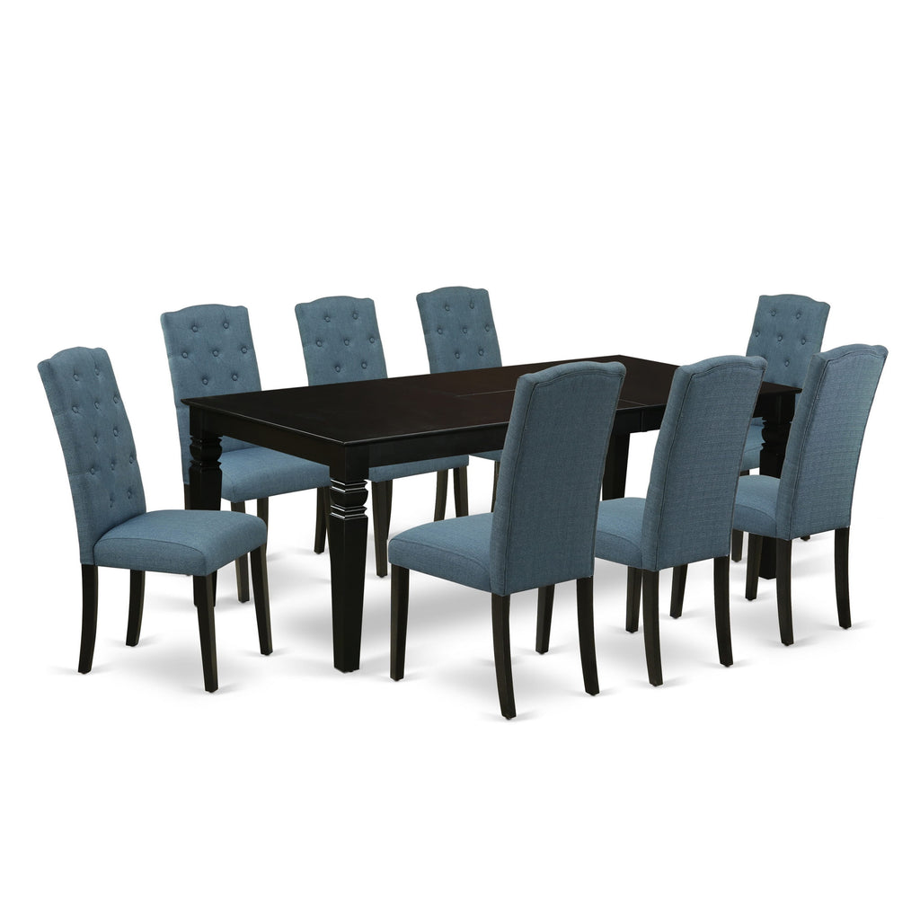 LGCE9-YD7-QV 9-Piece Dining Set with Rectangular Table, Butterfly Leaf & 8 Blue Upholstered Chairs