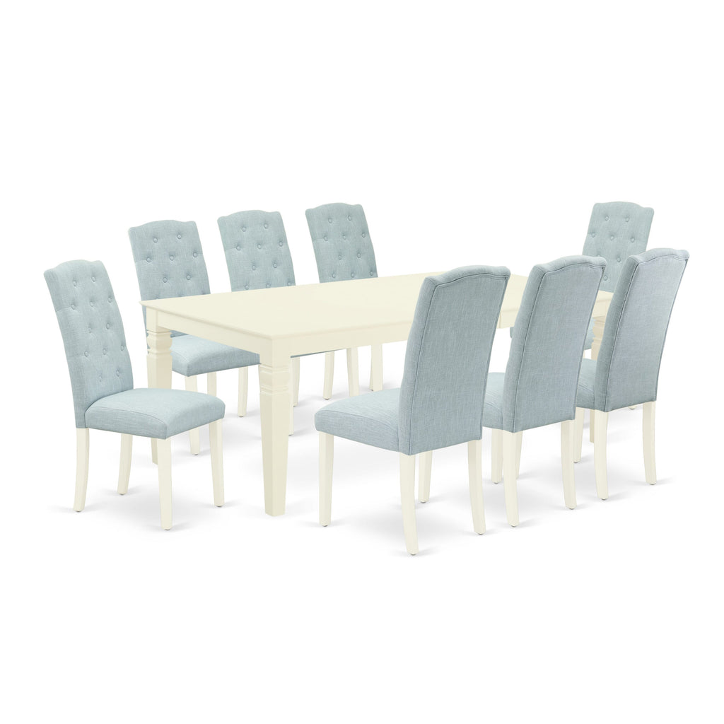 LGCE9-SX1-KA 9-PC Set Rectangular Extendable Dining Table with Butterfly Leaf & 8 Baby Blue Linen Parsons Chairs, 42x84 Linen White Elegance