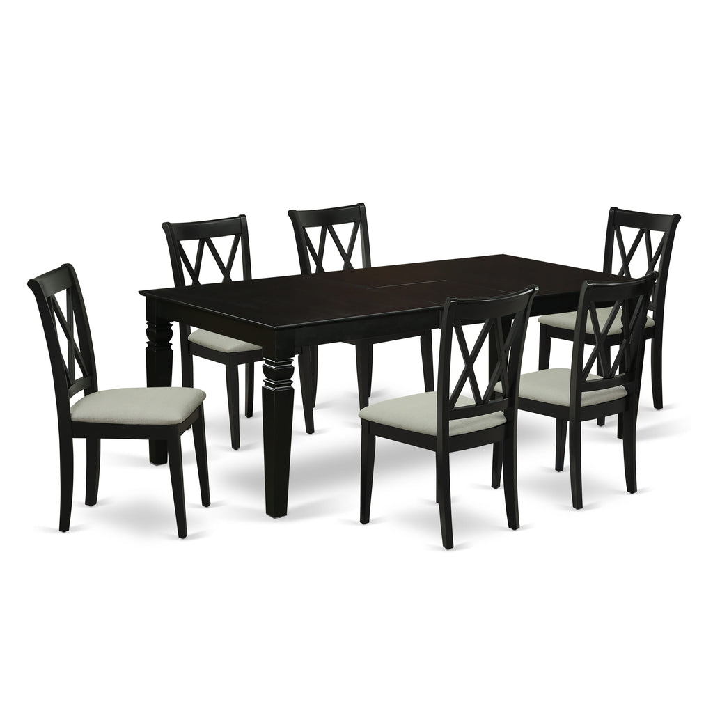 LGCL7-O7M-H 7-Piece Dining Ensemble Rectangular Table with Butterfly Leaf and 6 Upholstered Chairs, 42x84, Black Elegance