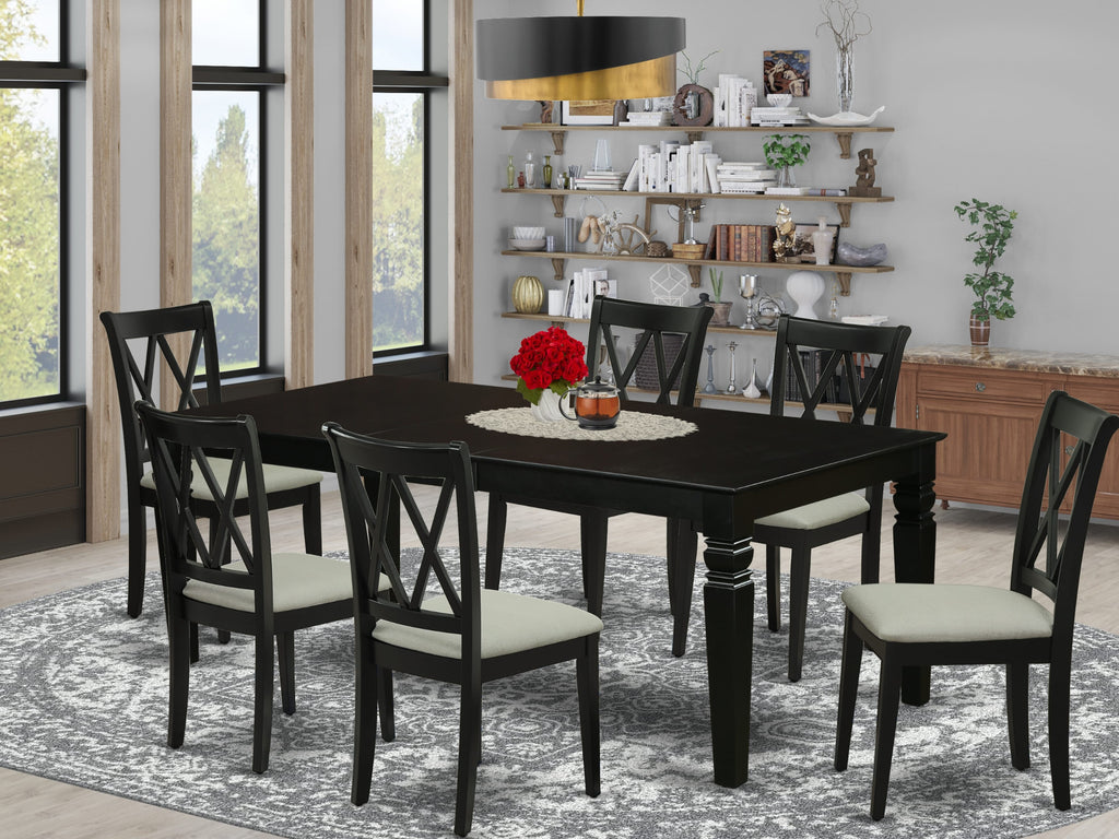 LGCL7-O7M-H 7-Piece Dining Ensemble Rectangular Table with Butterfly Leaf and 6 Upholstered Chairs, 42x84, Black Elegance