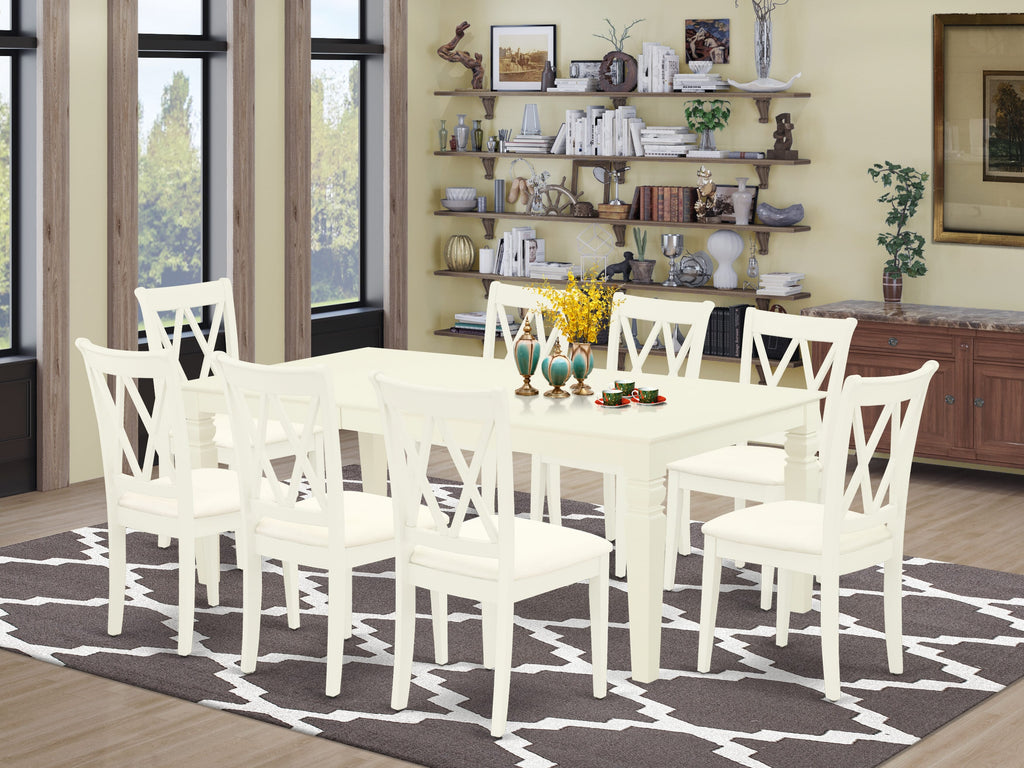 LGCL9-WFE-V 9-Piece Dining Ensemble with Expandable Rectangular Table and 8 Linen Chairs, 42x84 Inch, Linen White