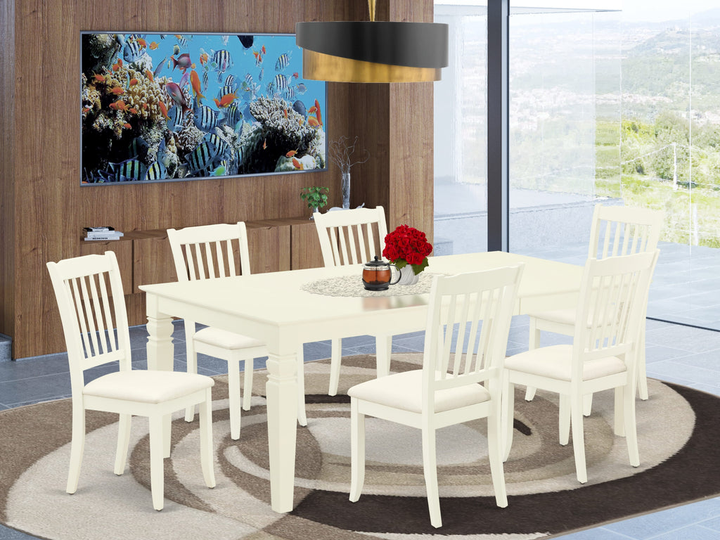 LGDA7-0UF-A Elegant 7-Piece Dining Set with Extendable Rectangular Table & 6 Linen Chairs, 42x84 in Soft White