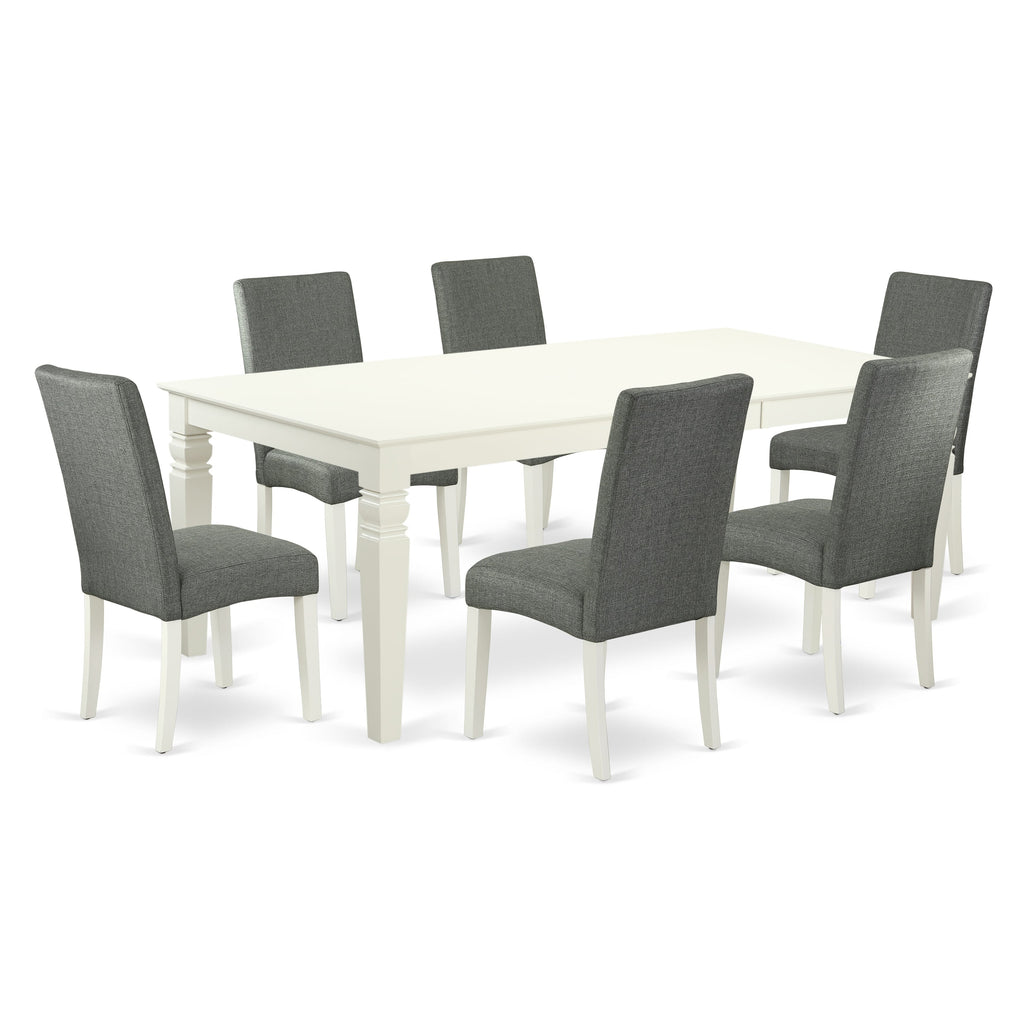 LGDR7-57Y-E8 Elegant 7-Piece Dining Ensemble with Expansive Table and Chic Gray Chairs, Linen White Finish