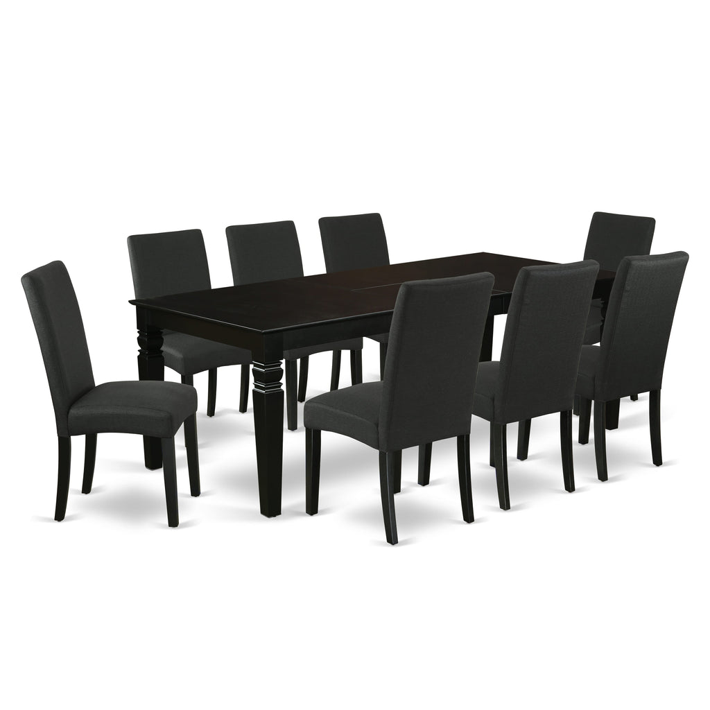 Stylish LGDR9-UHW-YO 9 Piece Dining Set Featuring Expansive Rectangular Table with Butterfly Leaf & 8 Comfortable Linen Chairs, 42x84 Inch Black Ensemble