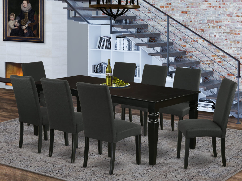 Stylish LGDR9-UHW-YO 9 Piece Dining Set Featuring Expansive Rectangular Table with Butterfly Leaf & 8 Comfortable Linen Chairs, 42x84 Inch Black Ensemble