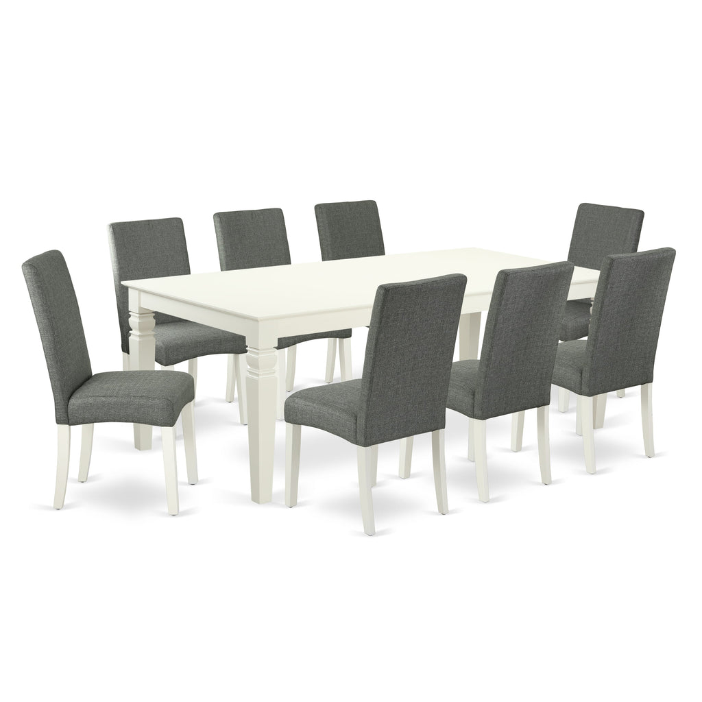 LGDR9-G2O-19 9-Piece Rectangular Dining Ensemble Extendable Table & 8 Gray Linen Chairs, 42x84, Soft White Finish
