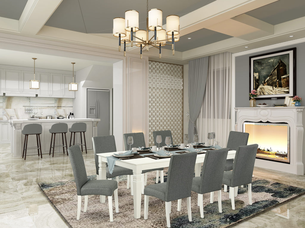 LGDR9-G2O-19 9-Piece Rectangular Dining Ensemble Extendable Table & 8 Gray Linen Chairs, 42x84, Soft White Finish