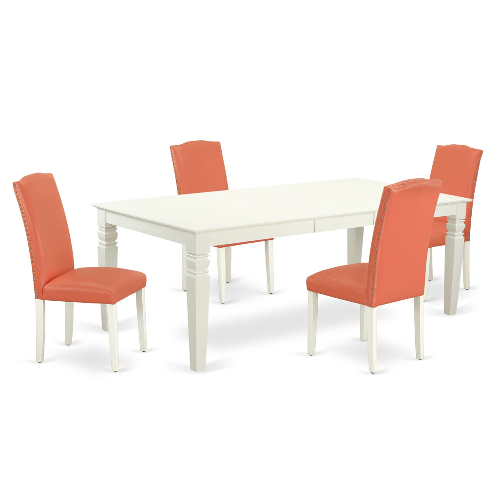 Elegant LGEN5-057-69 5 Piece Dining Ensemble Rectangular Table with Butterfly Leaf & 4 Faux Leather Parsons Chairs in Flamingo Pink, 42x84 Inch, Linen White