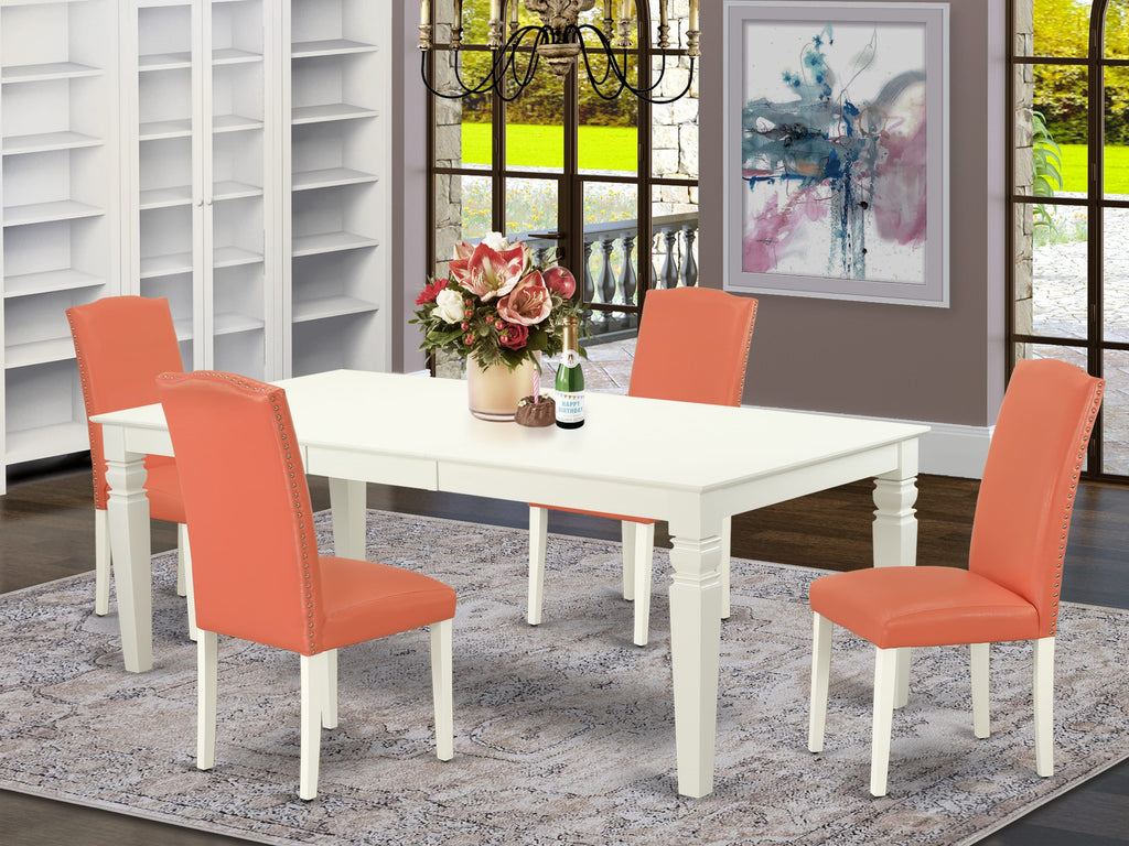 Elegant LGEN5-057-69 5 Piece Dining Ensemble Rectangular Table with Butterfly Leaf & 4 Faux Leather Parsons Chairs in Flamingo Pink, 42x84 Inch, Linen White