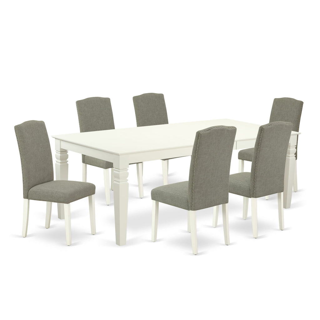 LGEN7-1SR-Q4 7 Pc Dining Set with Rectangle Table & Dark Shitake Parson Chairs Linen White, 42x84