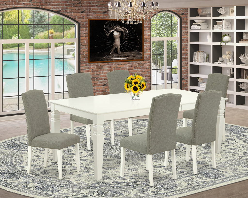 LGEN7-1SR-Q4 7 Pc Dining Set with Rectangle Table & Dark Shitake Parson Chairs Linen White, 42x84