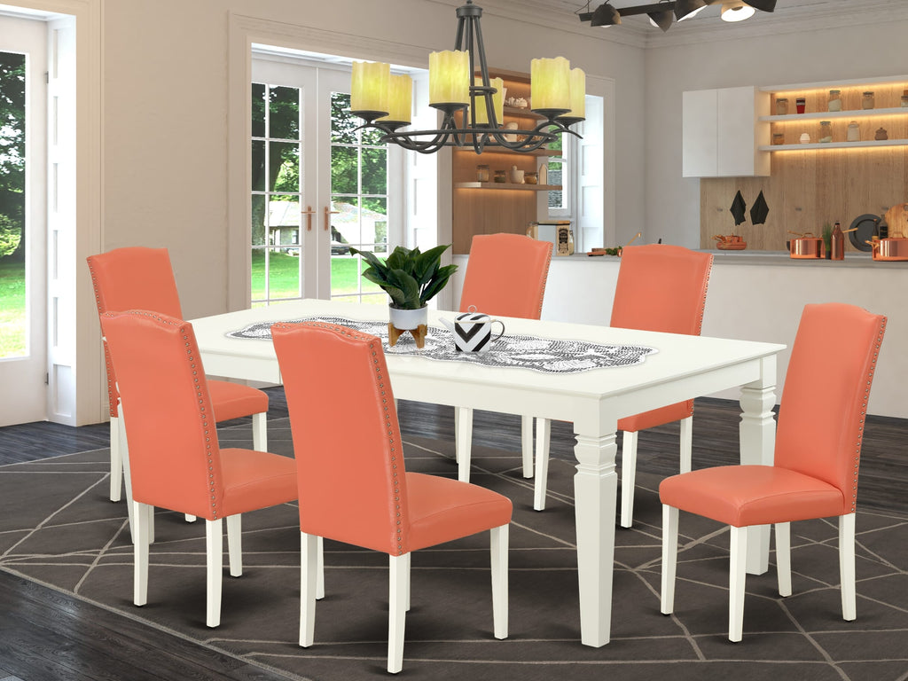 Refined LGEN7-HBY-8E Dining Arrangement 7-Piece Set with Butterfly Leaf Table & Faux Leather Flamingo Chairs, 42x84 Inch, Linen White Finish