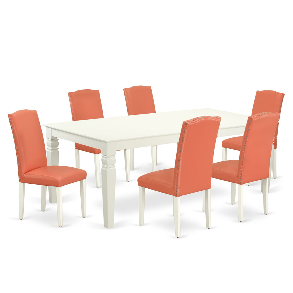 Refined LGEN7-HBY-8E Dining Arrangement 7-Piece Set with Butterfly Leaf Table & Faux Leather Flamingo Chairs, 42x84 Inch, Linen White Finish